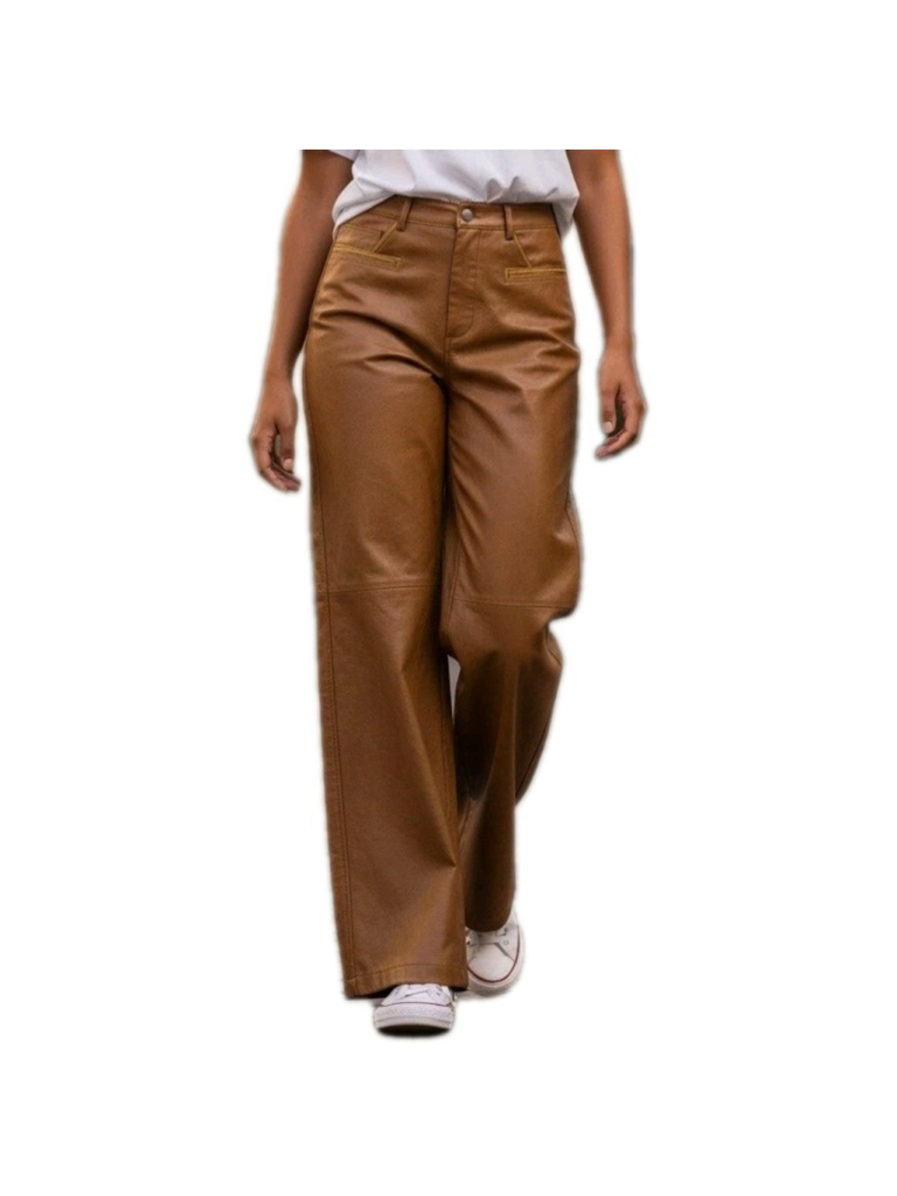 ANEWSTA Women Faux-Leather Wide-Leg Brown Pants Size Medium Waist 28 Inseam 29